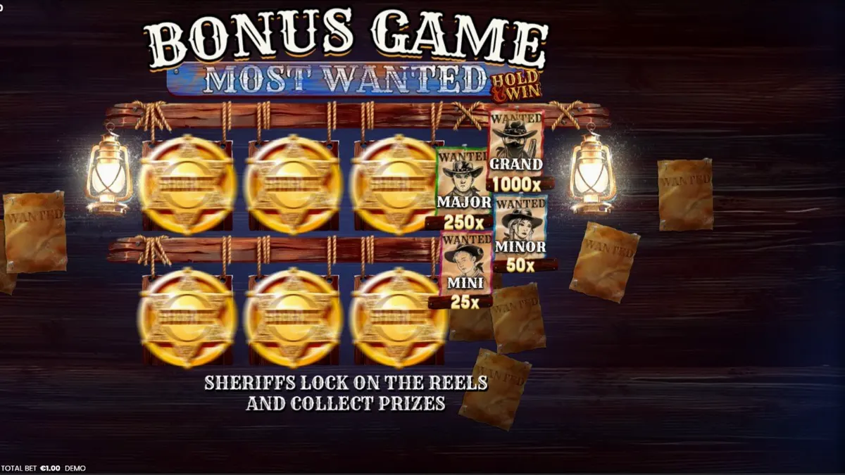 Tampilan visual slot Most Wanted: Hold & Win dengan tema koboi dan padang gurun