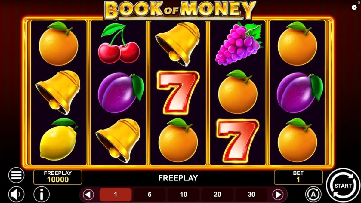 Tampilan antarmuka permainan slot Book of Money dengan simbol buah dan buku kuno